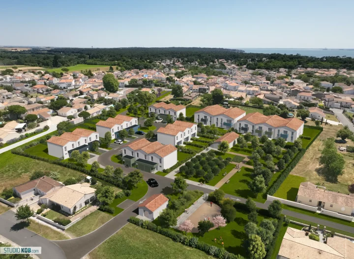 Vue aérienne : insertion paysagère 3D projet architectural Didonne Nord